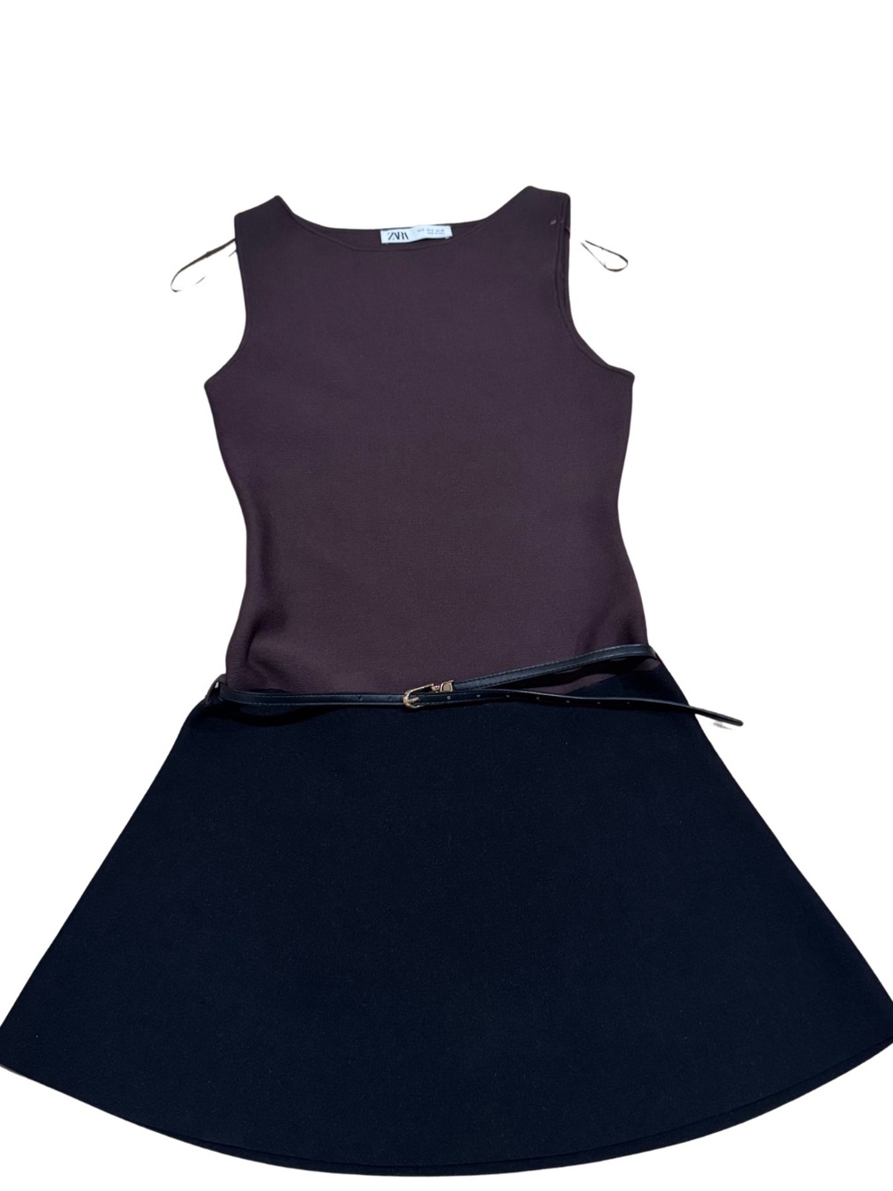 Zara Belted Knit Flare Mini Dress Brown Black Colorblock Size Small